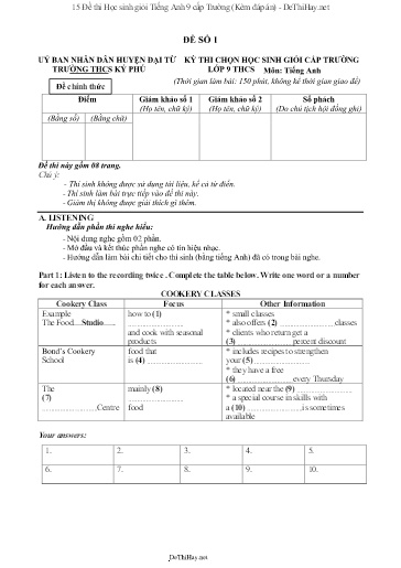 15 Đề thi Học sinh giỏi Tiếng Anh 9 cấp Trường (Kèm đáp án)