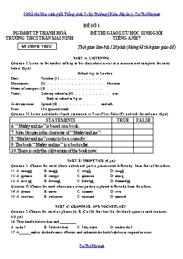 19 Đề thi Học sinh giỏi Tiếng Anh 7 cấp Trường (Kèm đáp án)