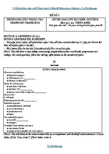 13 Đề thi Học sinh giỏi Tiếng Anh 8 (Đầy đủ File nghe + Đáp án)