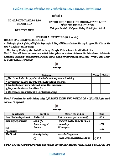 15 Đề thi Học sinh giỏi Tiếng Anh 9 (Đầy đủ File nghe + Đáp án)