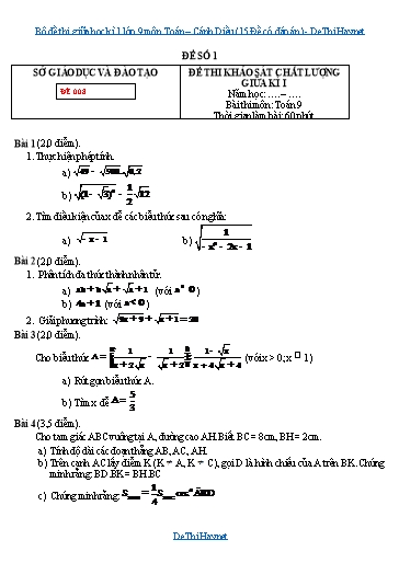 Bộ đề thi giữa học kì 1 lớp 9 môn Toán - Cánh Diều (15 Đề có đáp án)