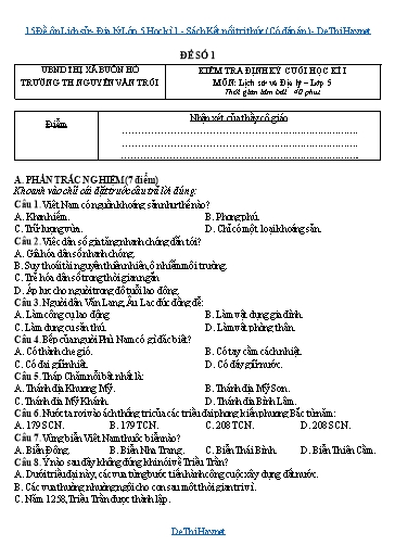 15 Đề ôn Lịch sử - Địa lý Lớp 5 Học kì 1 - Sách Kết nối tri thức (Có đáp án)