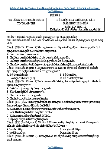 Đề thi và Đáp án Tin học 12 giữa học kì 2 năm học 2024-2025 - Sách Kết nối tri thức
