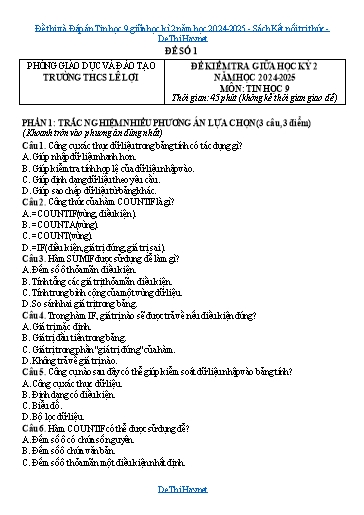 Đề thi và Đáp án Tin học 9 giữa học kì 2 năm học 2024-2025 - Sách Kết nối tri thức