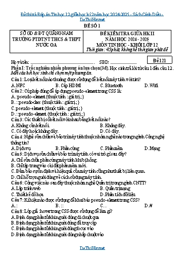 Đề thi và Đáp án Tin học 12 giữa học kì 2 năm học 2024-2025 - Sách Cánh Diều
