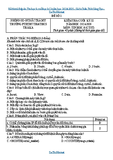 Đề thi và Đáp án Tin học 9 cuối học kì 2 năm học 2024-2025 - Sách Chân Trời Sáng Tạo