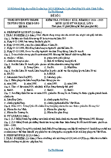 10 Đề thi và Đáp án cuối kì 2 năm học 2025-2026 môn Lịch sử và Địa lí 9 sách Cánh Diều