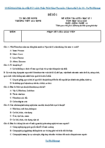 10 Đề thi và Đáp án giữa Kì 1 sách Chân Trời Sáng Tạo môn Công nghệ Lớp 10