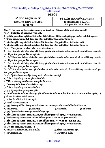 10 Đề thi và Đáp án Sinh học 11 giữa học kì 2 sách Chân Trời Sáng Tạo 2025-2026