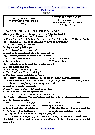 11 Đề thi và Đáp án giữa học kì 2 môn GDCD Lớp 9 2025-2026 - Bộ sách Cánh Diều