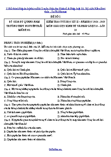 11 Đề thi và Đáp án kỳ thi cuối kì 2 môn Giáo dục Kinh tế & Pháp luật 10 - Bộ sách Kết nối tri thức