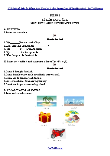 11 Đề thi và Đáp án Tiếng Anh 5 học kì 1 sách Smart Start (Kèm file nghe)