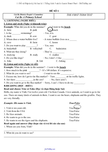 11 Đề và Đáp án kỳ thi học kì 1 Tiếng Anh 5 sách i-Learn Smart Start