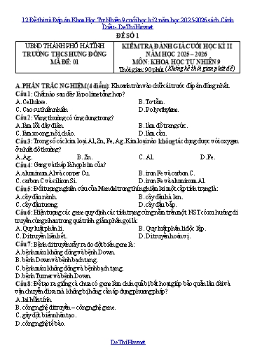 12 Đề thi và Đáp án Khoa Học Tự Nhiên 9 cuối học kì 2 năm học 2025-2026 sách Cánh Diều