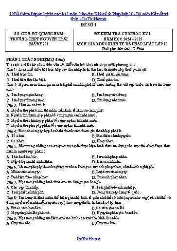 12 Đề thi và Đáp án kỳ thi cuối kì 1 môn Giáo dục Kinh tế & Pháp luật 10 - Bộ sách Kết nối tri thức