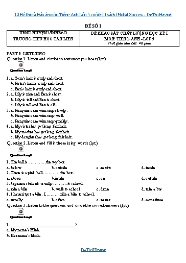 12 Đề thi và Đáp án môn Tiếng Anh Lớp 5 cuối kì 1 sách Global Success