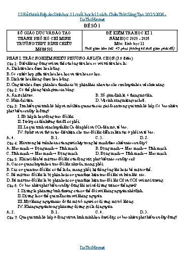 12 Đề thi và Đáp án Sinh học 11 cuối học kì 1 sách Chân Trời Sáng Tạo 2025-2026