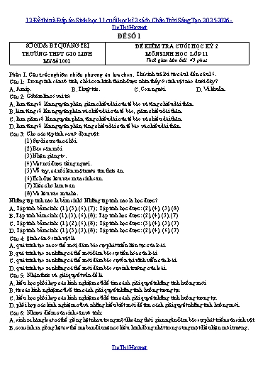 12 Đề thi và Đáp án Sinh học 11 cuối học kì 2 sách Chân Trời Sáng Tạo 2025-2026