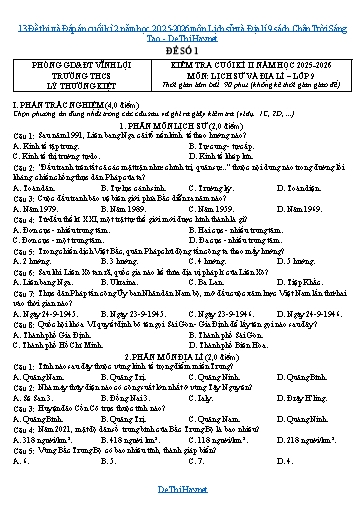 13 Đề thi và Đáp án cuối kì 2 năm học 2025-2026 môn Lịch sử và Địa lí 9 sách Chân Trời Sáng Tạo