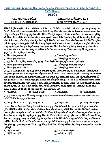 13 Đề thi và Đáp án kỳ thi giữa kì 1 môn Giáo dục Kinh tế & Pháp luật 11 - Bộ sách Cánh Diều