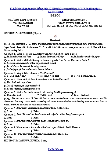 13 Đề thi và Đáp án môn Tiếng Anh 12 Global Success cuối học kì 1 (Kèm file nghe)