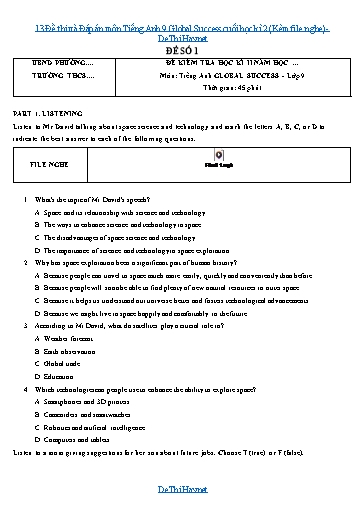 13 Đề thi và Đáp án môn Tiếng Anh 9 Global Success cuối học kì 2 (Kèm file nghe)