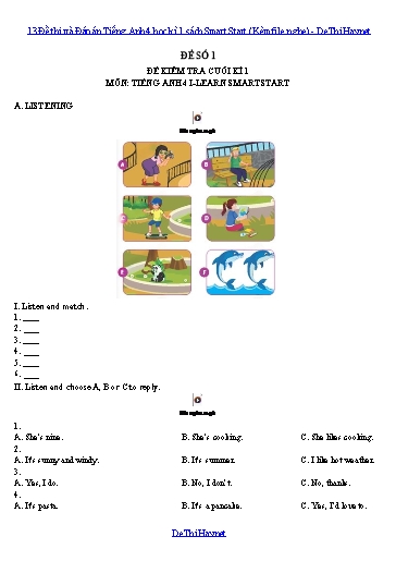 13 Đề thi và Đáp án Tiếng Anh 4 học kì 1 sách Smart Start (Kèm file nghe)