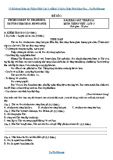 13 Đề thi và Đáp án Tiếng Việt Lớp 3 giữa kì 1 Sách Chân Trời Sáng Tạo