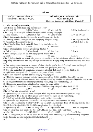 13 Đề thi và Đáp án Tin học Lớp 8 cuối kì 1 Sách Chân Trời Sáng Tạo