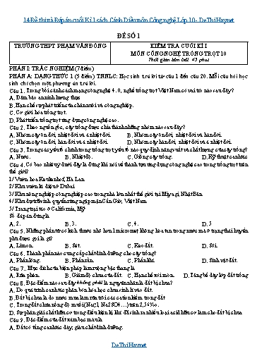 14 Đề thi và Đáp án cuối Kì 1 sách Cánh Diều môn Công nghệ Lớp 10