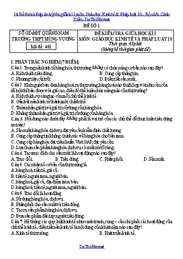 14 Đề thi và Đáp án kỳ thi giữa kì 1 môn Giáo dục Kinh tế & Pháp luật 10 - Bộ sách Cánh Diều
