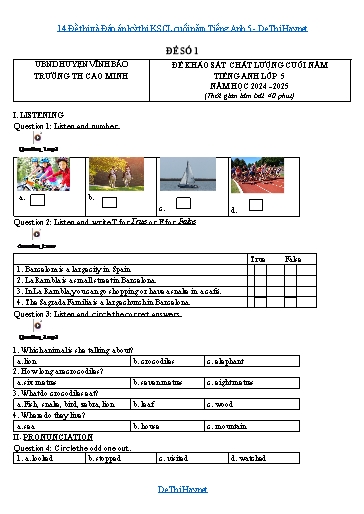 14 Đề thi và Đáp án kỳ thi KSCL cuối năm Tiếng Anh 5