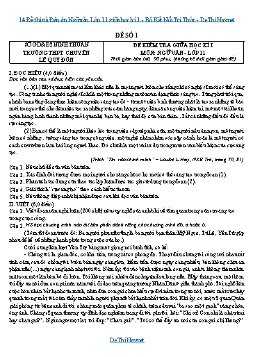 14 Đề thi và Đáp án Ngữ văn Lớp 11 giữa học kì 1 - Bộ Kết Nối Tri Thức
