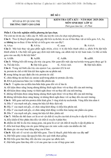 14 Đề thi và Đáp án Sinh học 12 giữa học kì 1 sách Cánh Diều 2025-2026