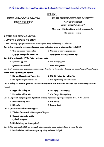 15 Đề thi và Đáp án chọn Học sinh giỏi Lịch sử & Địa lí Lớp 8 hay nhất