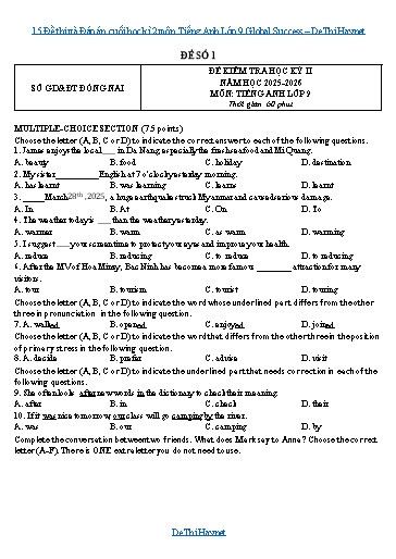 15 Đề thi và Đáp án cuối học kì 2 môn Tiếng Anh Lớp 9 Global Success
