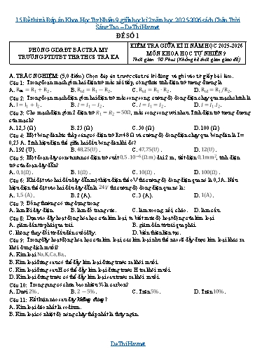 15 Đề thi và Đáp án Khoa Học Tự Nhiên 9 giữa học kì 2 năm học 2025-2026 sách Chân Trời Sáng Tạo