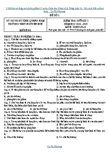 15 Đề thi và Đáp án kỳ thi giữa kì 1 môn Giáo dục Kinh tế & Pháp luật 10 - Bộ sách Kết nối tri thức