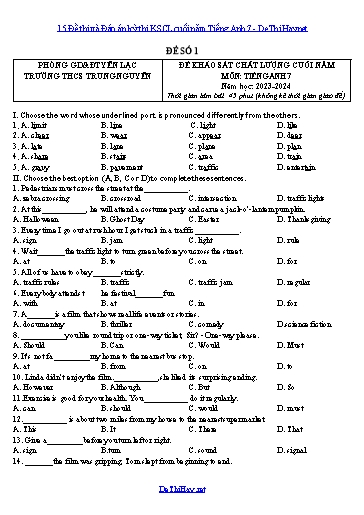 15 Đề thi và Đáp án kỳ thi KSCL cuối năm Tiếng Anh 7
