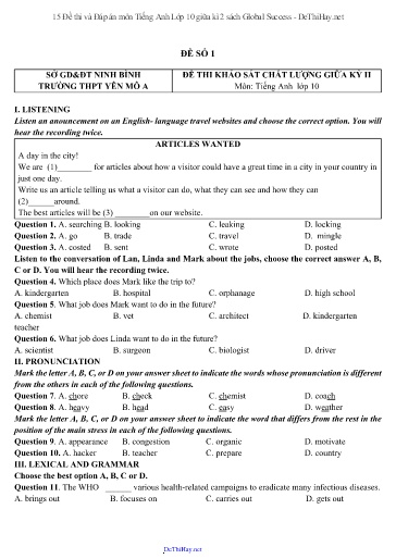 15 Đề thi và Đáp án môn Tiếng Anh Lớp 10 giữa kì 2 sách Global Success