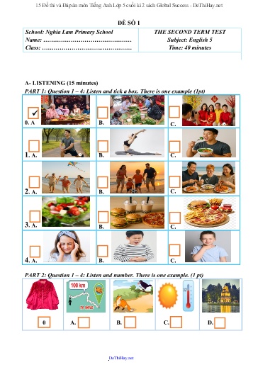 15 Đề thi và Đáp án môn Tiếng Anh Lớp 5 cuối kì 2 sách Global Success