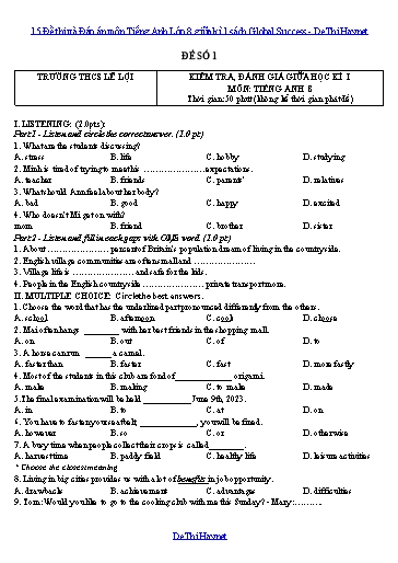 15 Đề thi và Đáp án môn Tiếng Anh Lớp 8 giữa kì 1 sách Global Success
