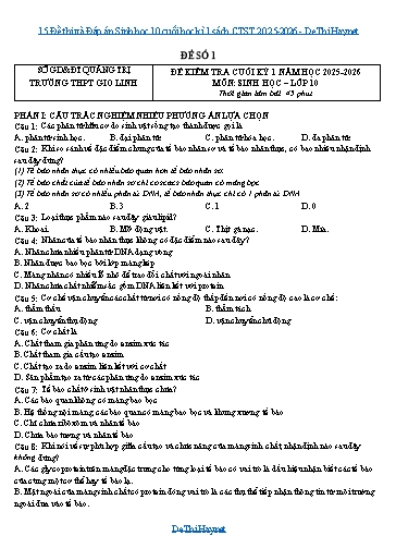 15 Đề thi và Đáp án Sinh học 10 cuối học kì 1 sách CTST 2025-2026