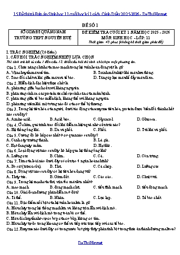 15 Đề thi và Đáp án Sinh học 11 cuối học kì 1 sách Cánh Diều 2025-2026