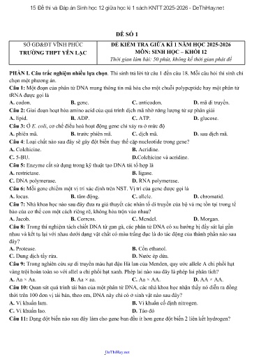 15 Đề thi và Đáp án Sinh học 12 giữa học kì 1 sách KNTT 2025-2026
