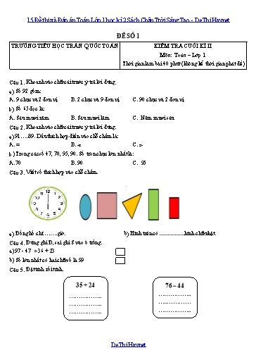 15 Đề thi và Đáp án Toán Lớp 1 học kì 2 Sách Chân Trời Sáng Tạo