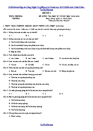 16 Đề thi và Đáp án Công Nghệ 12 giữa học kì 2 năm học 2025-2026 sách Cánh Diều