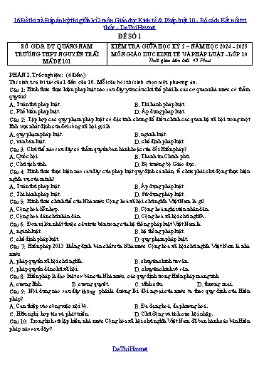 16 Đề thi và Đáp án kỳ thi giữa kì 2 môn Giáo dục Kinh tế & Pháp luật 10 - Bộ sách Kết nối tri thức