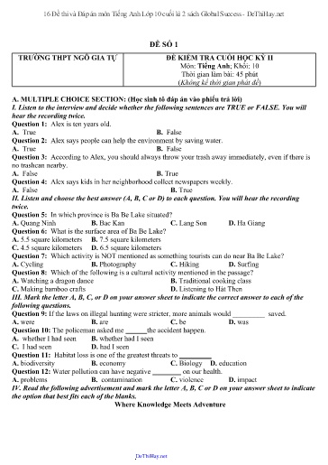 16 Đề thi và Đáp án môn Tiếng Anh Lớp 10 cuối kì 2 sách Global Success
