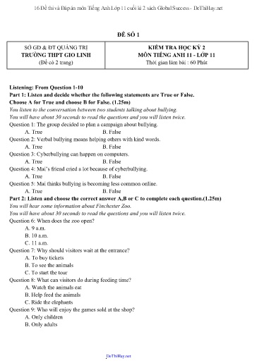 16 Đề thi và Đáp án môn Tiếng Anh Lớp 11 cuối kì 2 sách Global Success